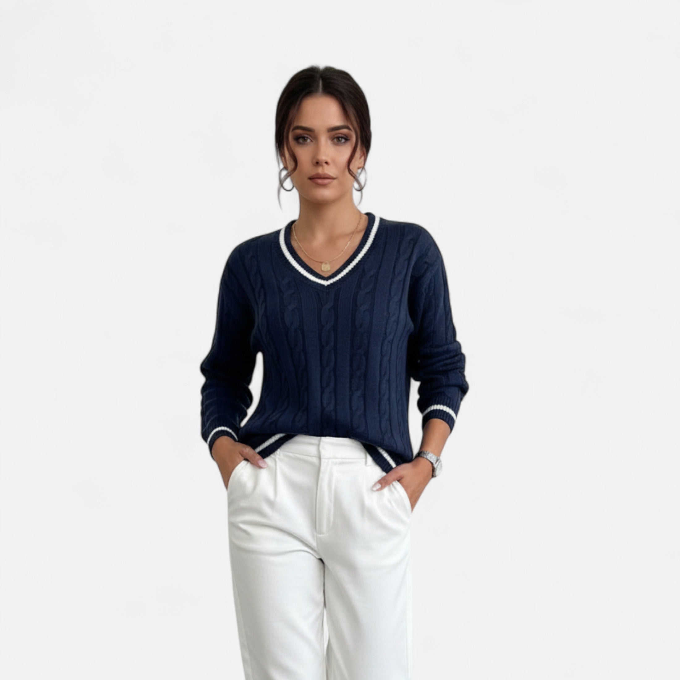 Orvelle Club | Women’s Cable Knit Sweater V-Neck Elegance