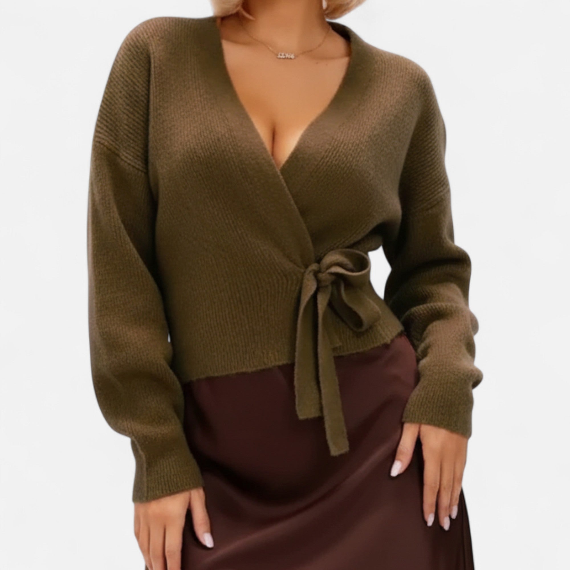 Orvelle Club | Women’s V-Neck Drawstring Knit Cardigan