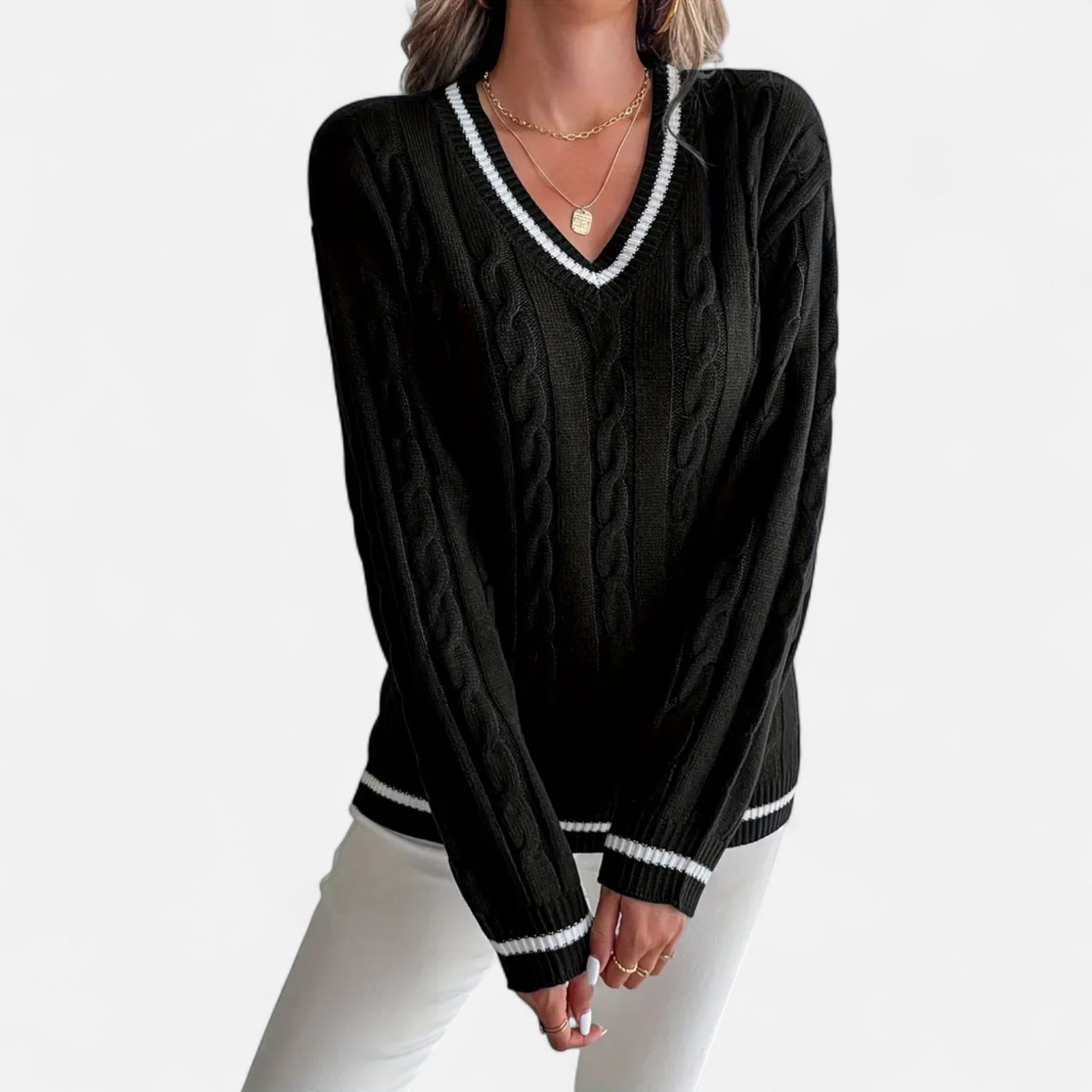 Orvelle Club | Women’s Cable Knit Sweater V-Neck Elegance